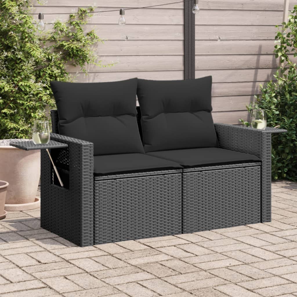 vidaXL Sofa ogrodowa z poduszkami, 2-osobowa, czarna, polirattan