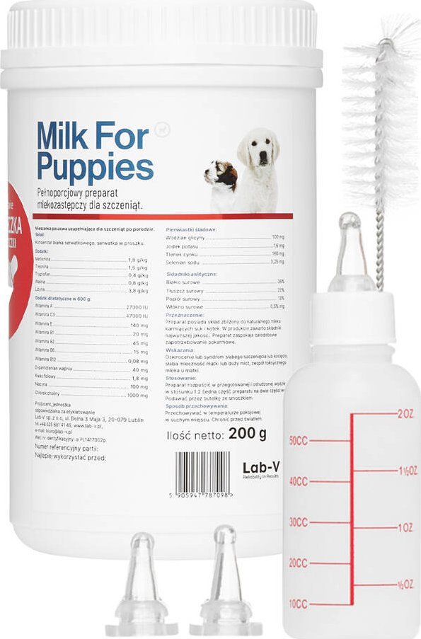 LAB V LAB-V Milk For Puppies- preparat mlekozastępczy dla szczeniąt 200g-Zestaw z butelką i smoczkami