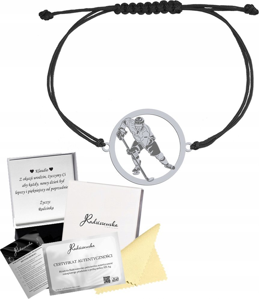 Radziszewska Jewellery Bransoletka Srebrna HOKEISTA HOKEJ 925 Sznurek Prezent GRAWER GRATIS