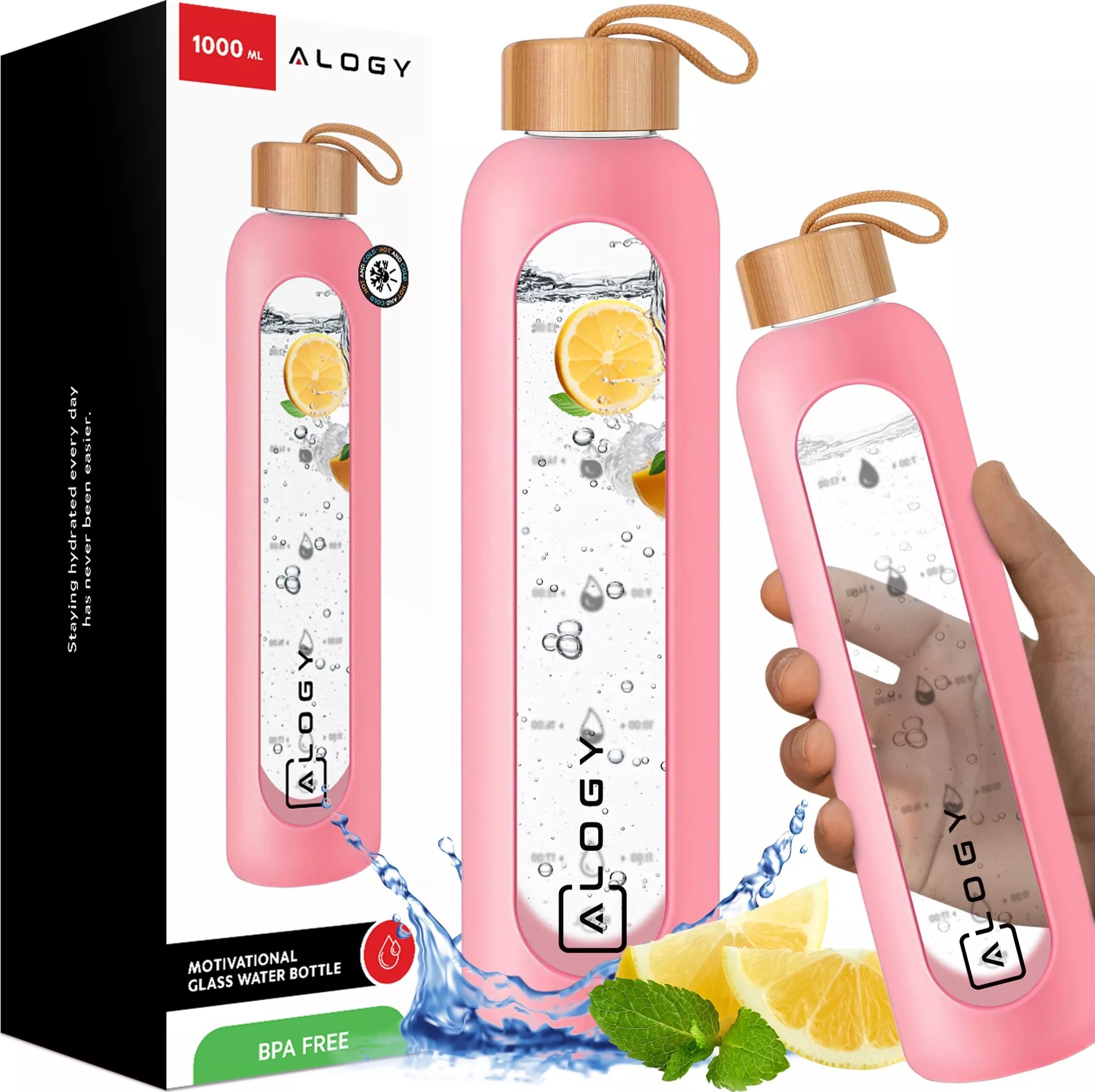 Alogy Butelka szklana duża bidon na napoje do picia Miarka motywacyjna 1l 1000ml etui silikonowe Różowa