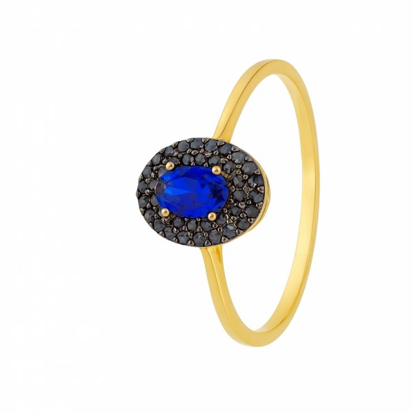 Caspol Złoty Pierścionek z Granatową Cyrkonią i Ciemną Oprawą Biżuteria Damska Złoto 585