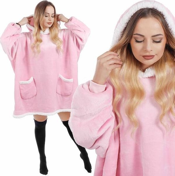 Springos Kocobluza damska oversize koc bluza 2w1 z kapturem ciepła różowa UNIWERSALNY