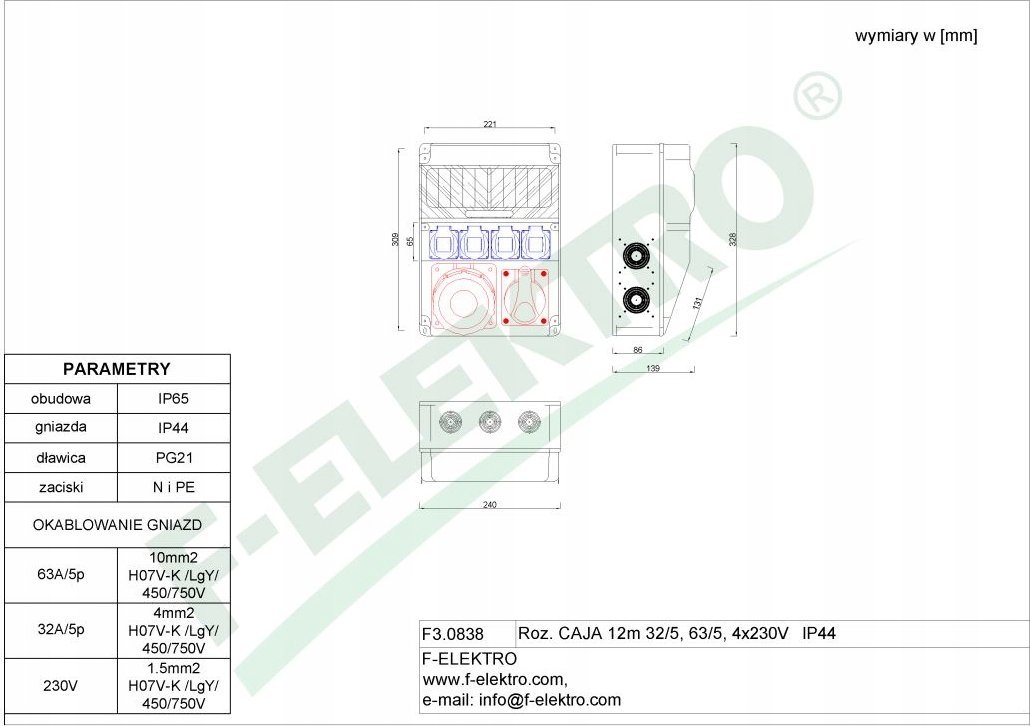 F-Elektro Rozdzielnica CAJA 32A/5P, 63A/5P, 4x230V 12M IP65