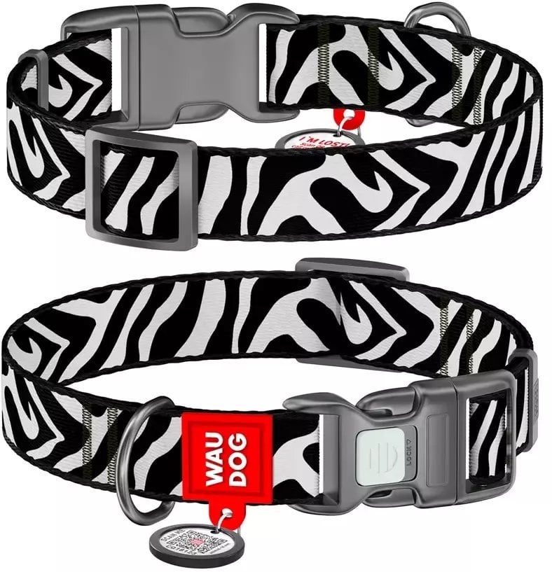 WAU DOG OBROŻA NYLON Z ADRESÓWKĄ QR XXL 35mm/46-70cm ZEBRA