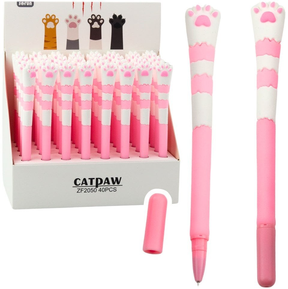 Długopis Żelowy Kocia Łapka Niebieski Tusz Zatyczka Różowy 16,5cm LEAN