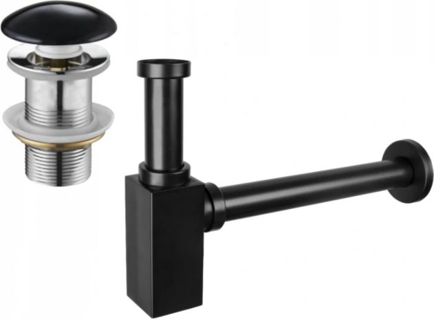 Syfon Mexen Mexen półsyfon umywalkowy kwadratowy z korkiem ceramicznym klik-klak, bez przelewu, czarny - 7991060-75