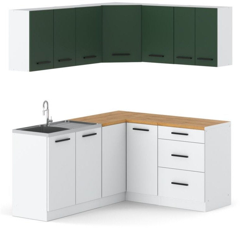 Meble Kuchenne Komplet Danka Narożna Modułowa Butelkowa Zieleń Biała Mat