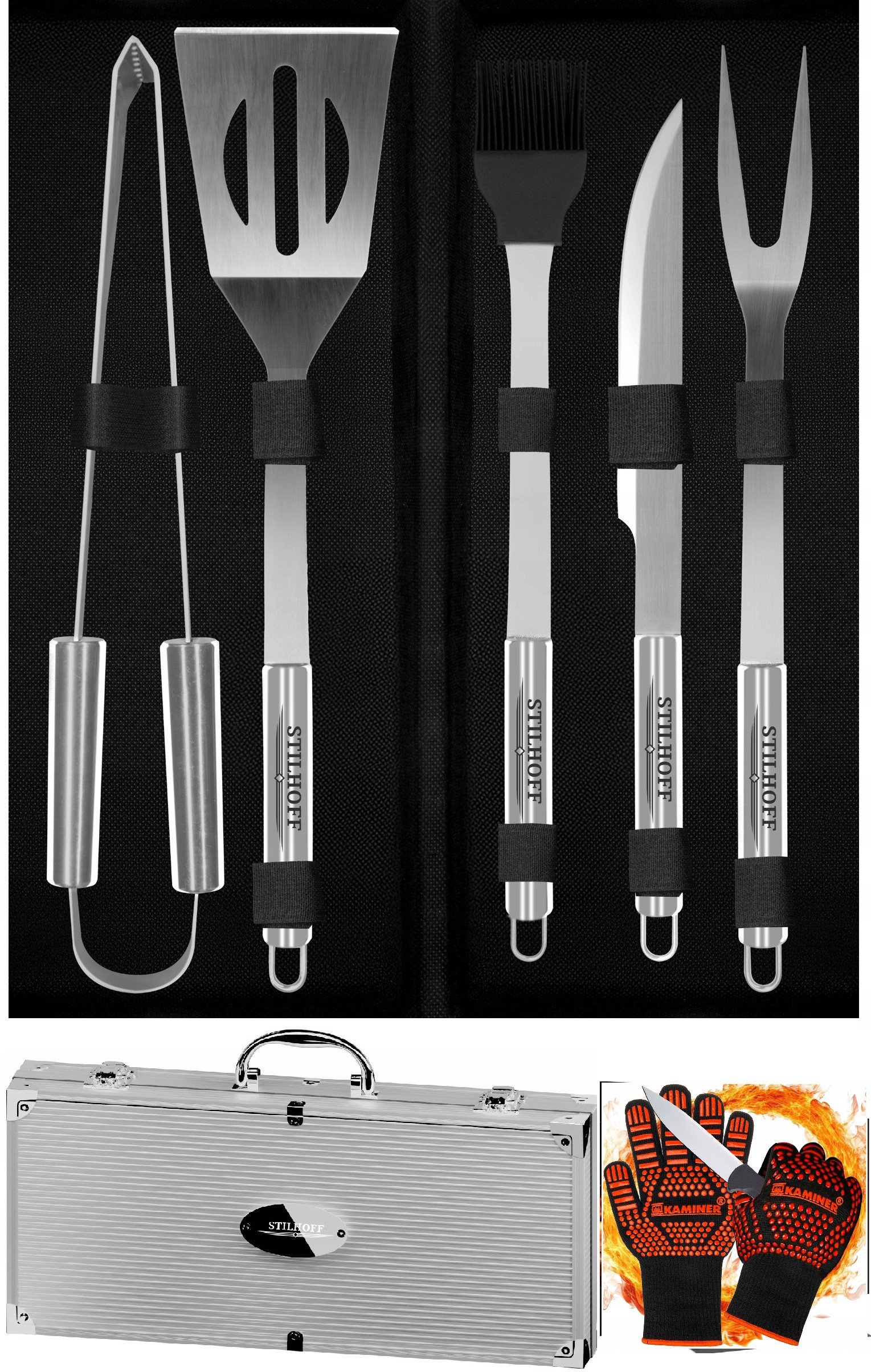 Zestaw akcesoria do GRILLA STILHOFF sztućce 7szt 5+walizka+rękawice