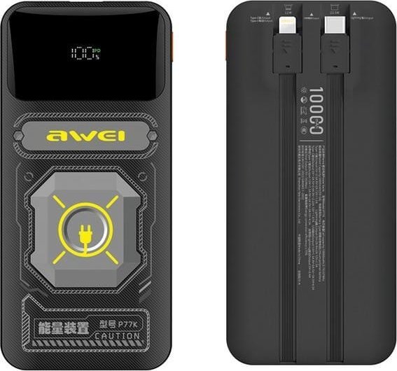 Awei AWEI PowerBank z wbudowanym kablem Lightning/USB-C P77K 10000mAh czarny/black 22.5W