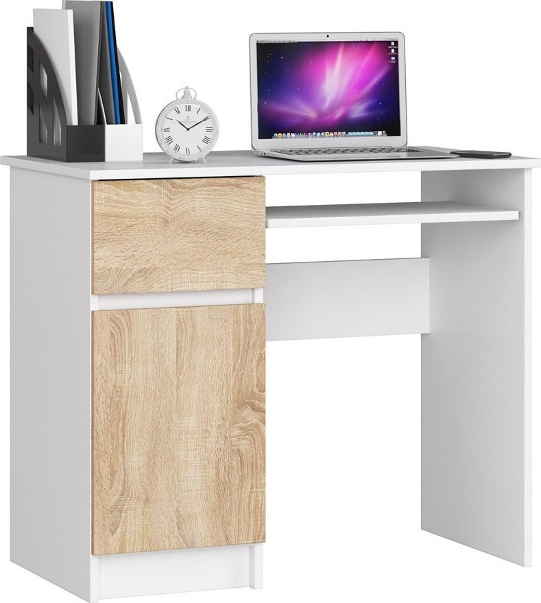 Elior Biurko białe - dąb sonoma z półkami - Strit 3X