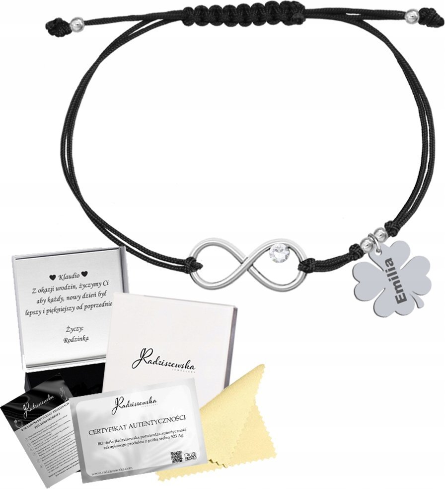 Radziszewska Jewellery Bransoletka Srebrna z Koniczynką Nieskończoność Biżuteria Prezent GRAWER