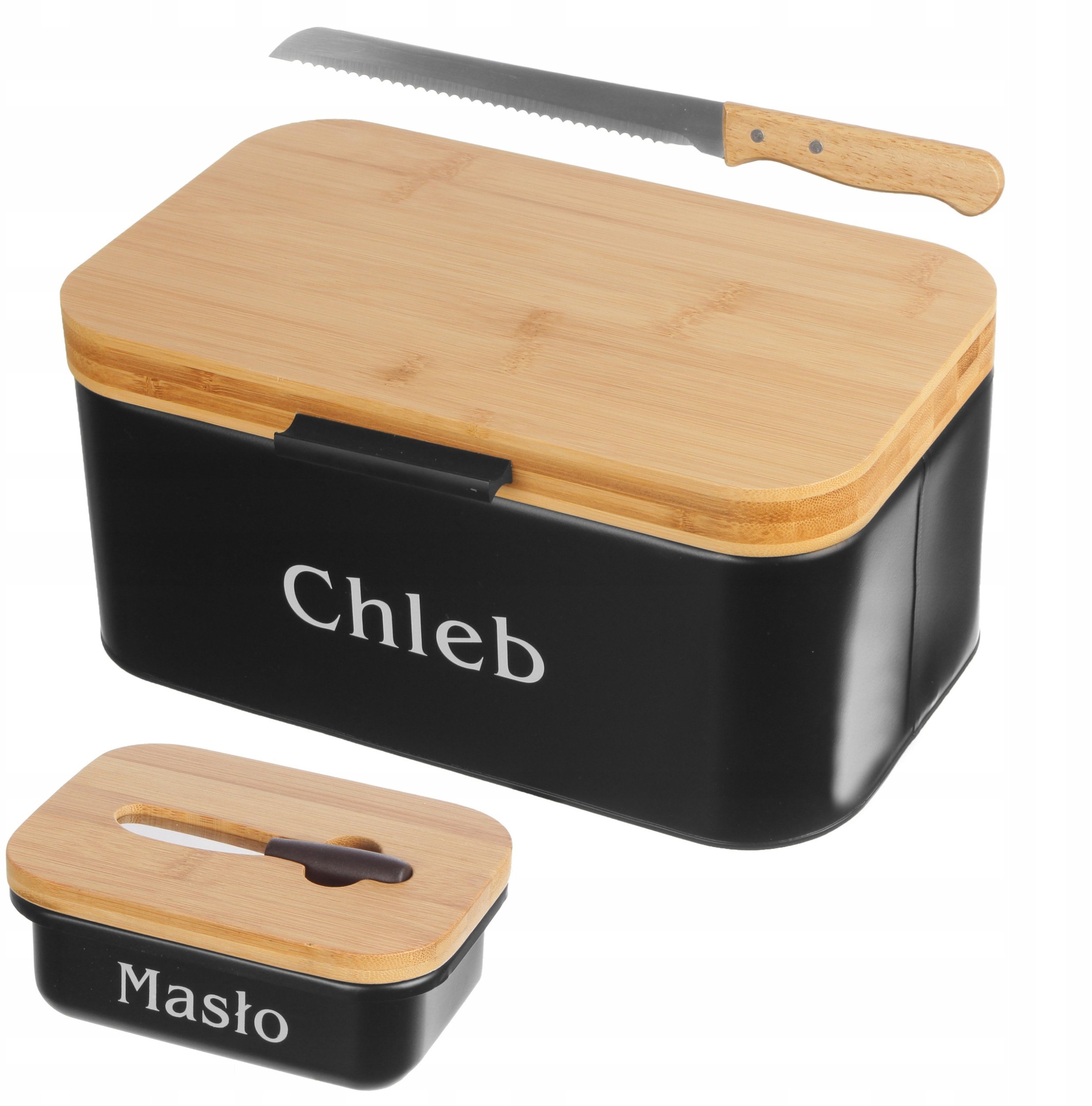 CHLEBAK METALOWY CZARNY Z DESKĄ DO KROJENIA + MASELNICZKA + NÓŻ BRUNBESTE BB-2777