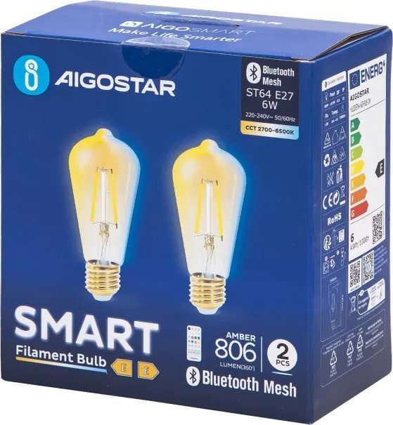 Aigostar Inteligentna żarówka Bluetooth Mesh ST64 6W CCT 2 szt. Inteligentna żarówka Bluetooth Mesh ST64 6W CCT 2 szt.