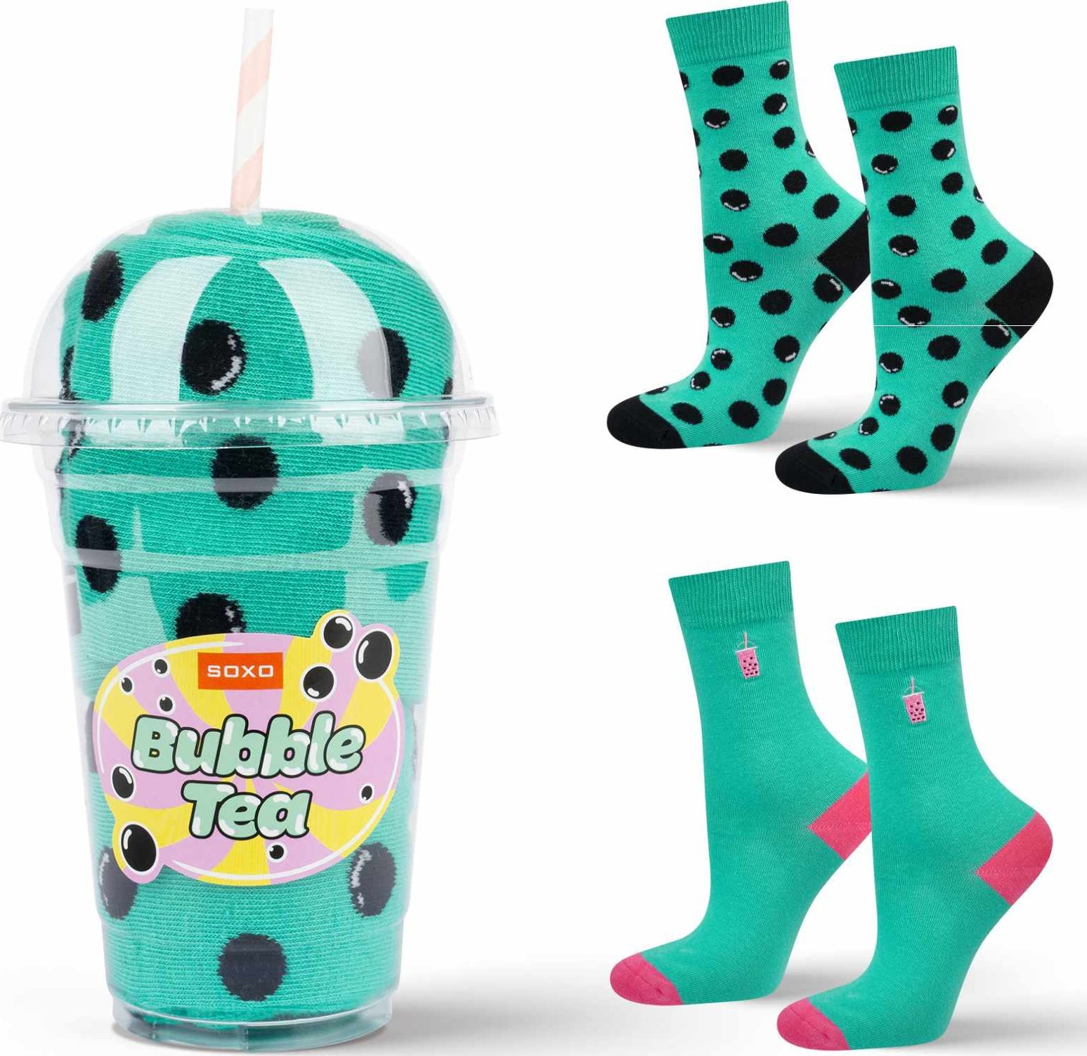 Soxo Zestaw 2x Skarpetki męskie damskie turkus Bubble Tea idealna na prezent 3540