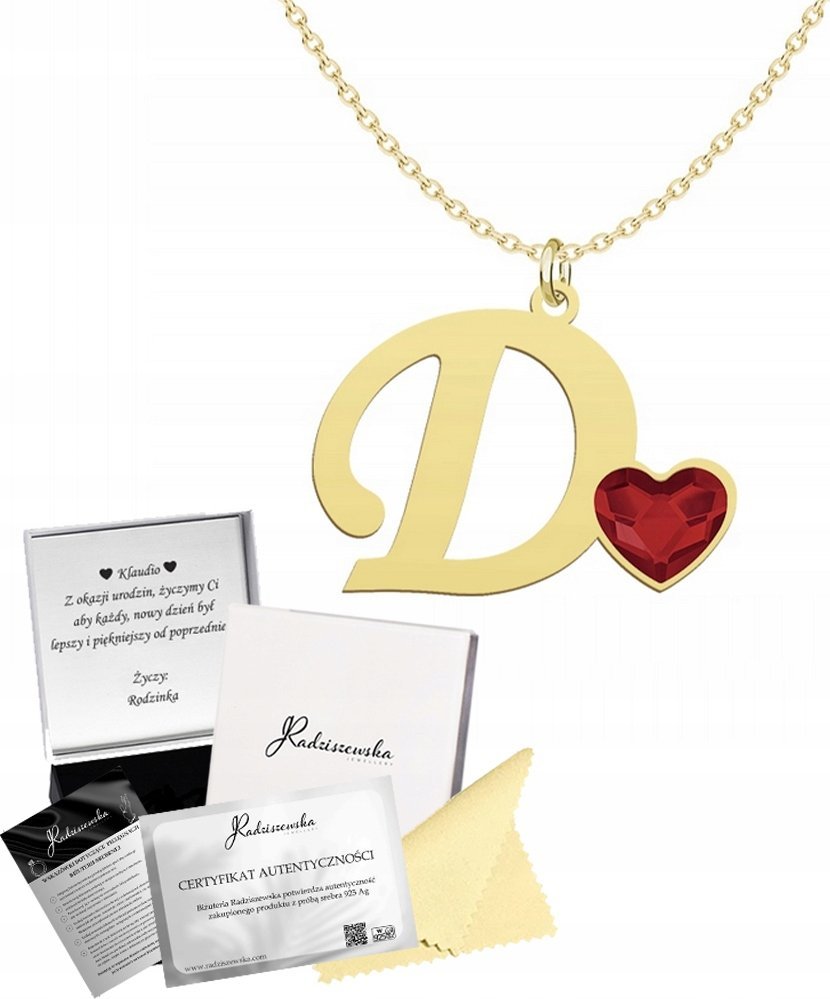 Radziszewska Jewellery Złoty Naszyjnik z Literką D Litera Łańcuszek Serce 925 DEDYKACJA GRATIS
