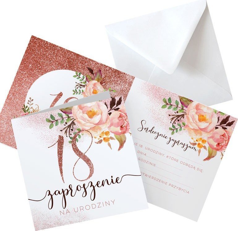 ZAPROSZENIA na 18 urodziny Glittery Flowers 10szt (+koperty)