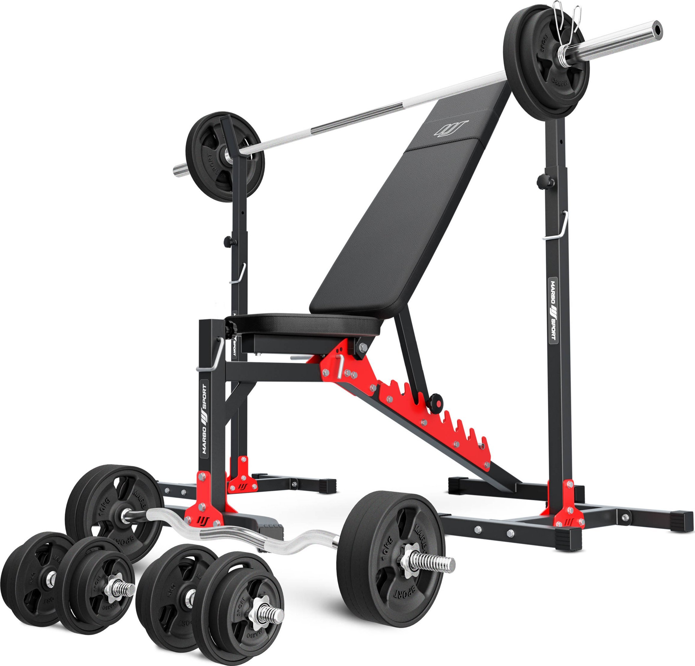 Zestaw MH19_141KG_KIER_G | Ławka regulowana + stojaki regulowane + zestaw gryfów i obciążeń gumowanych - Marbo Sport
