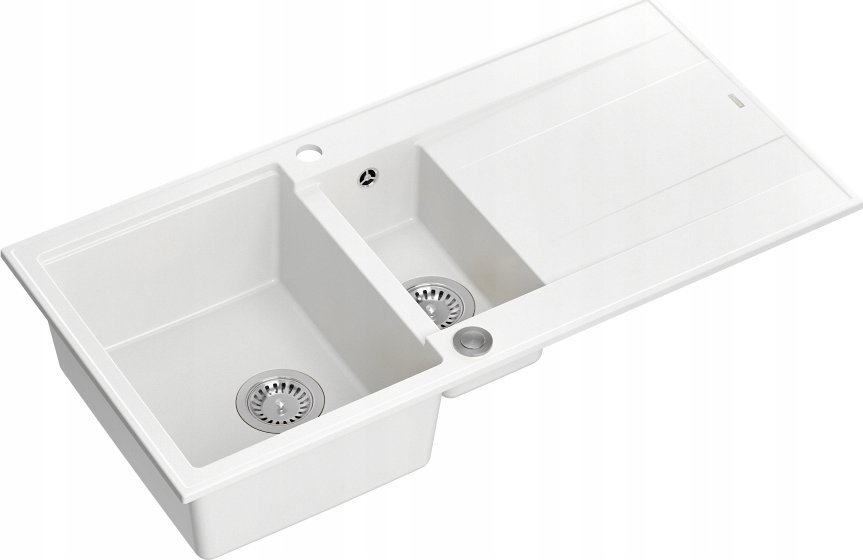 Zlewozmywak GraniteQ EVAN 156 GraniteQ zlewozmywak z syfonem Push To Open 1,5-komorowy z/o (1000x500x210; kom. 420x480) snow white / elementy stalowe