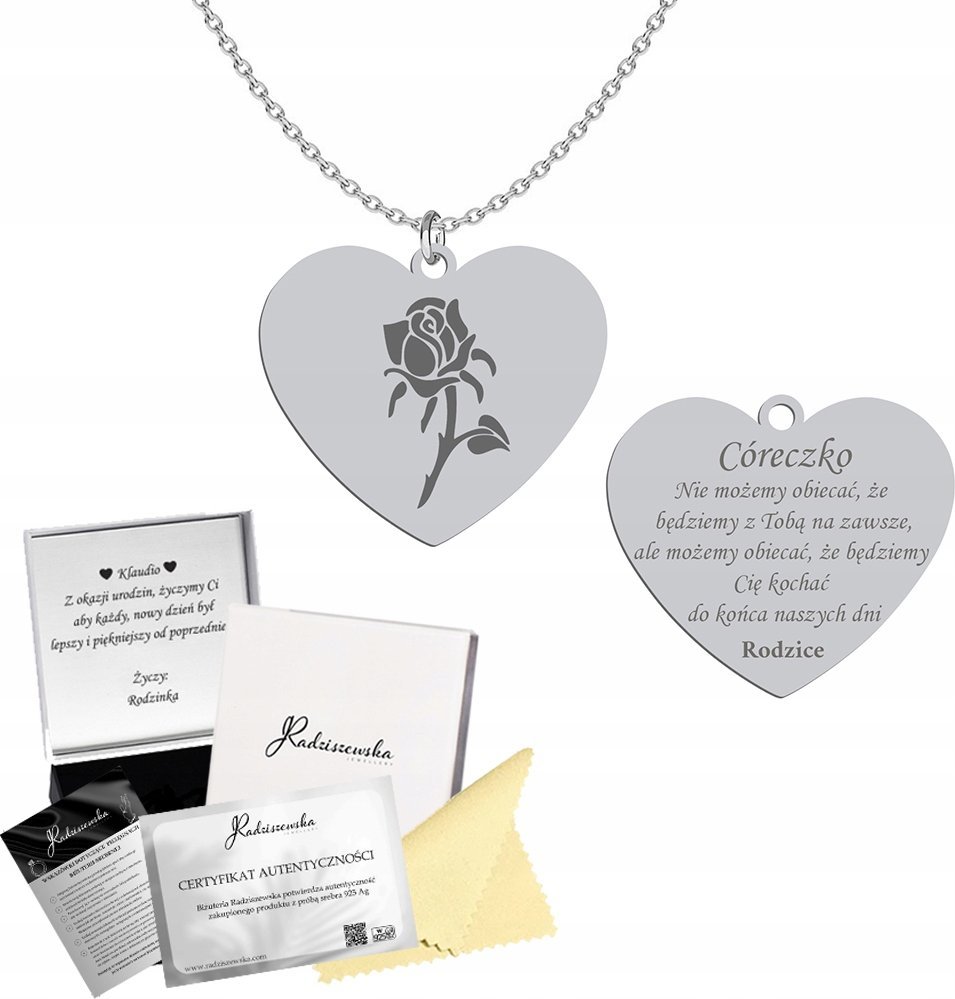 Radziszewska Jewellery Naszyjnik Srebrny Serce Róża Cytat Prezent dla Córki 925 GRAWER GRATIS