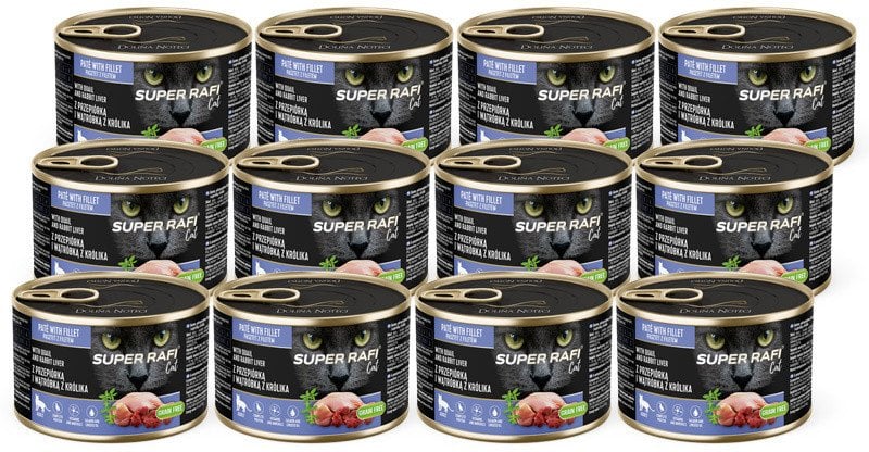 Karma mokra dla kotów Super Rafi Cat z przepiórką i wątróbką z królika zestaw 12 x 185 g