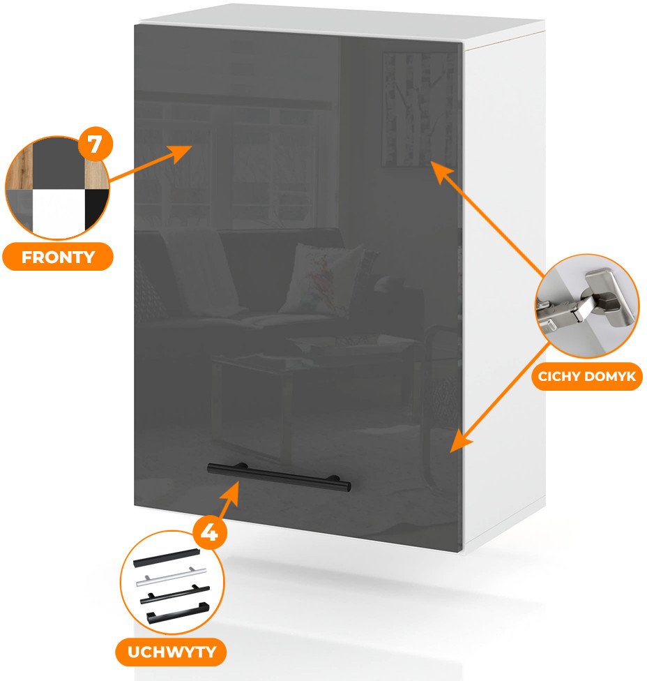 szafka kuchenna wisząca modułowa z uchwytami 50cm spremium czarny połysk