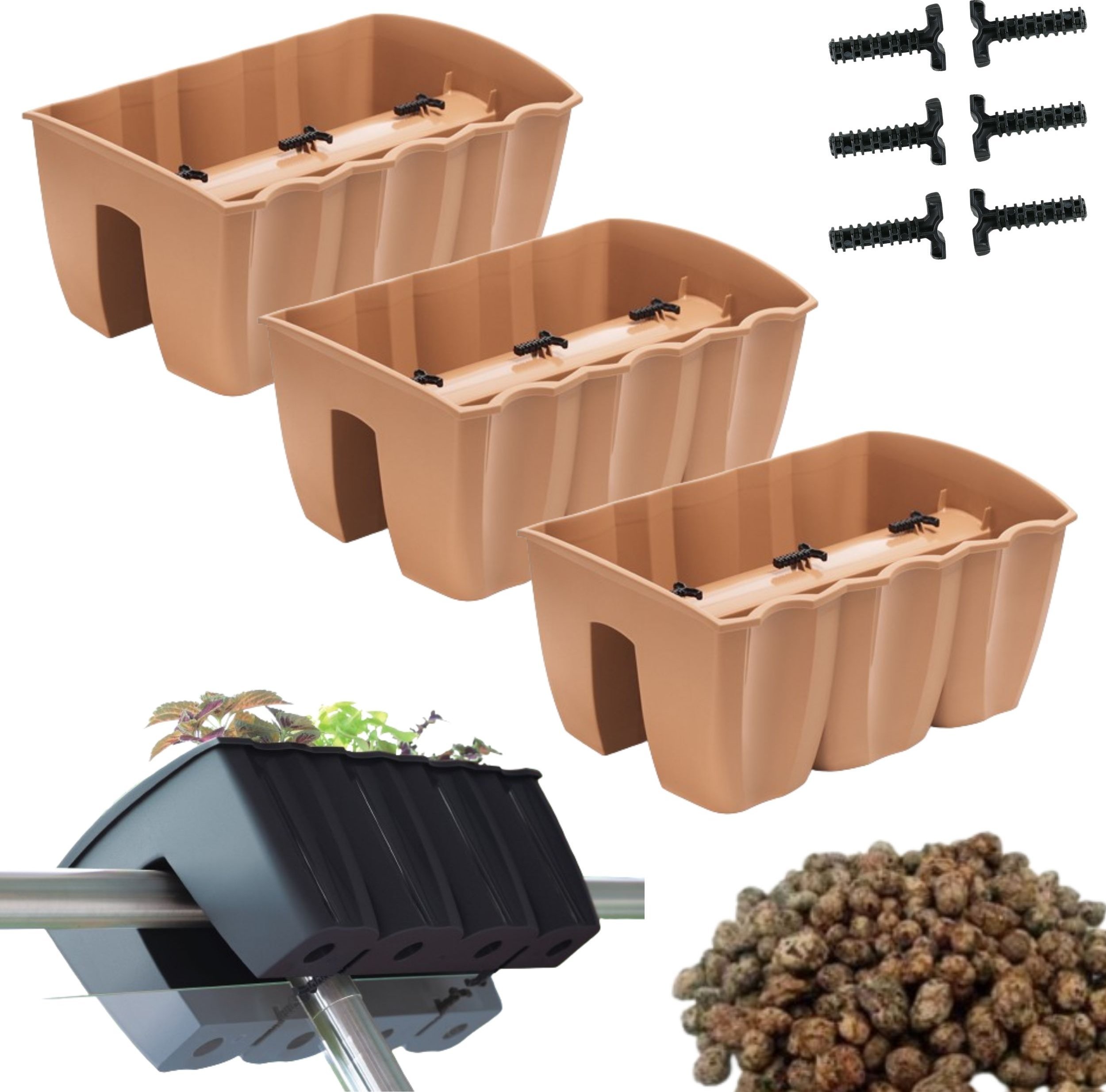 Prosperplast 3x Skrzynka na balustradę DCRO400, Doniczka balkonowa + keramzyt 5l