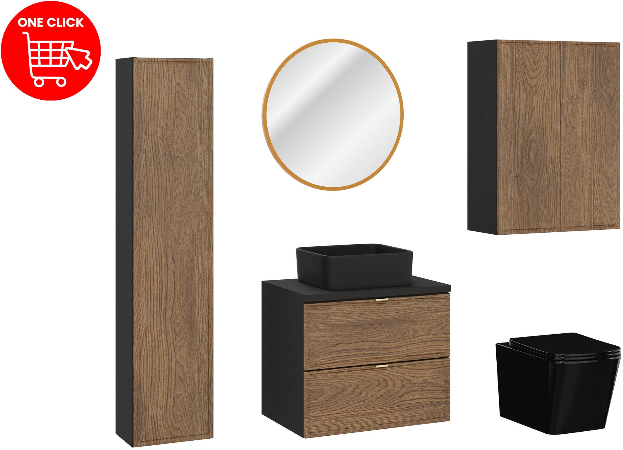 Zestaw meblowy 60cm z blatem, umywalką nablatową Slim, szafką wysoką, lustrem LED i misą wiszącą WC