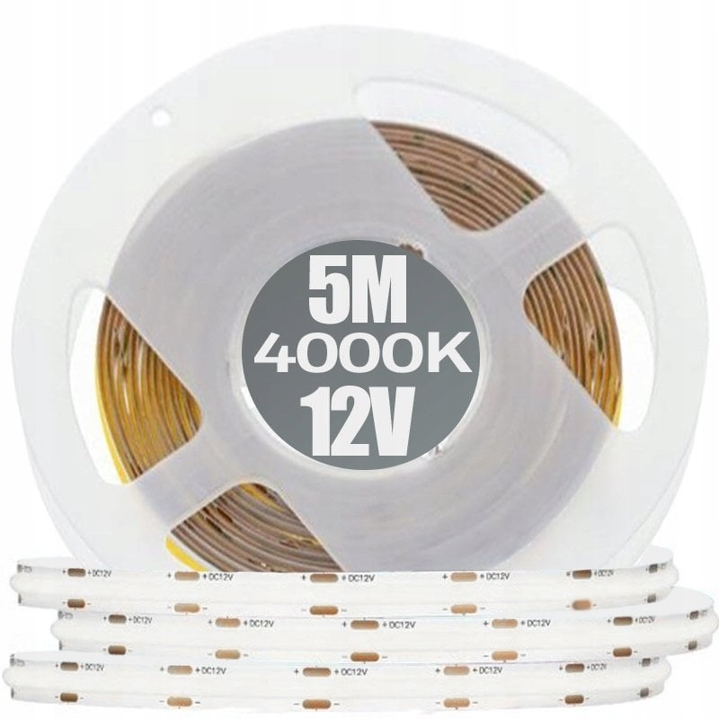 Taśma LED COB 12V, 480LED/m, 8mm, 10W/m, bez żelu, neutralny biały /5m./