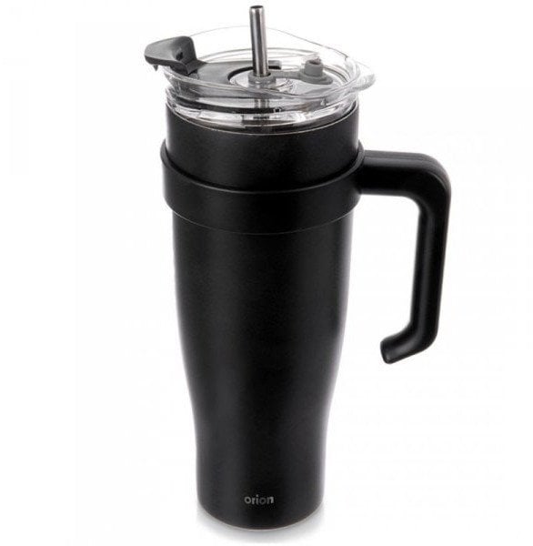 STALOWY KUBEK TERMICZNY TERMOS 1200ml Z RĄCZKĄ I SŁOMKĄ ORION 112284 CZARNY
