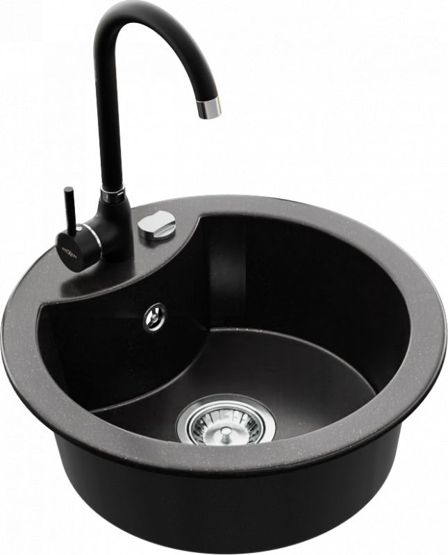 Zlewozmywak Mexen Mexen Diego zlewozmywak granitowy 1-komorowy z baterią kuchenną Telma, czarny/srebrny - 6512-73-670200-70