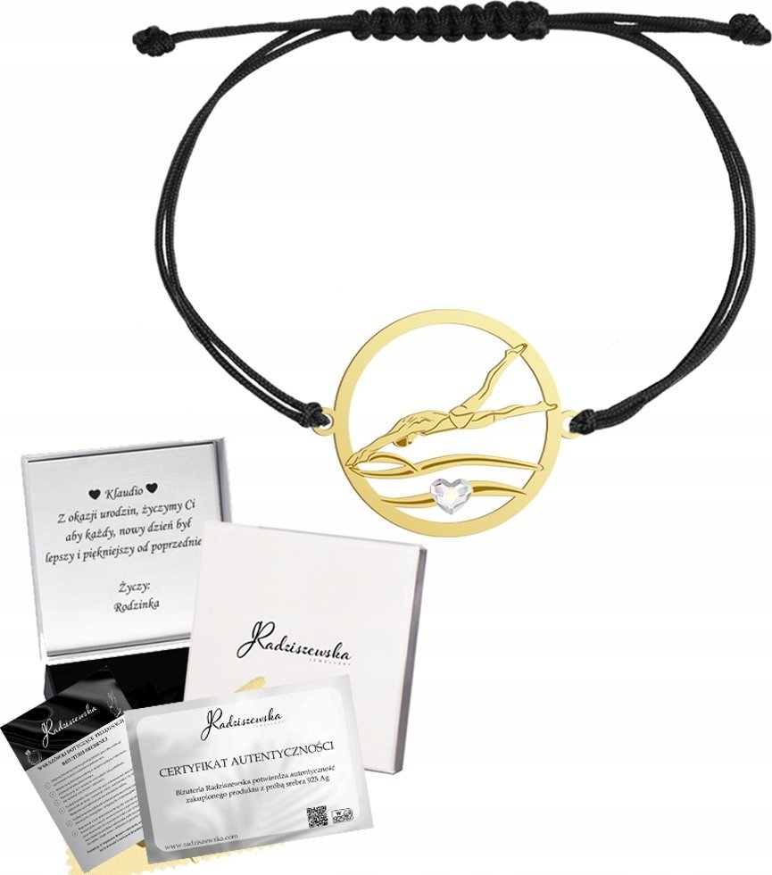 Radziszewska Jewellery Bransoletka Złota Pływak Pływanie Sznurek SREBRO 925 Prezent GRAWER GRATIS