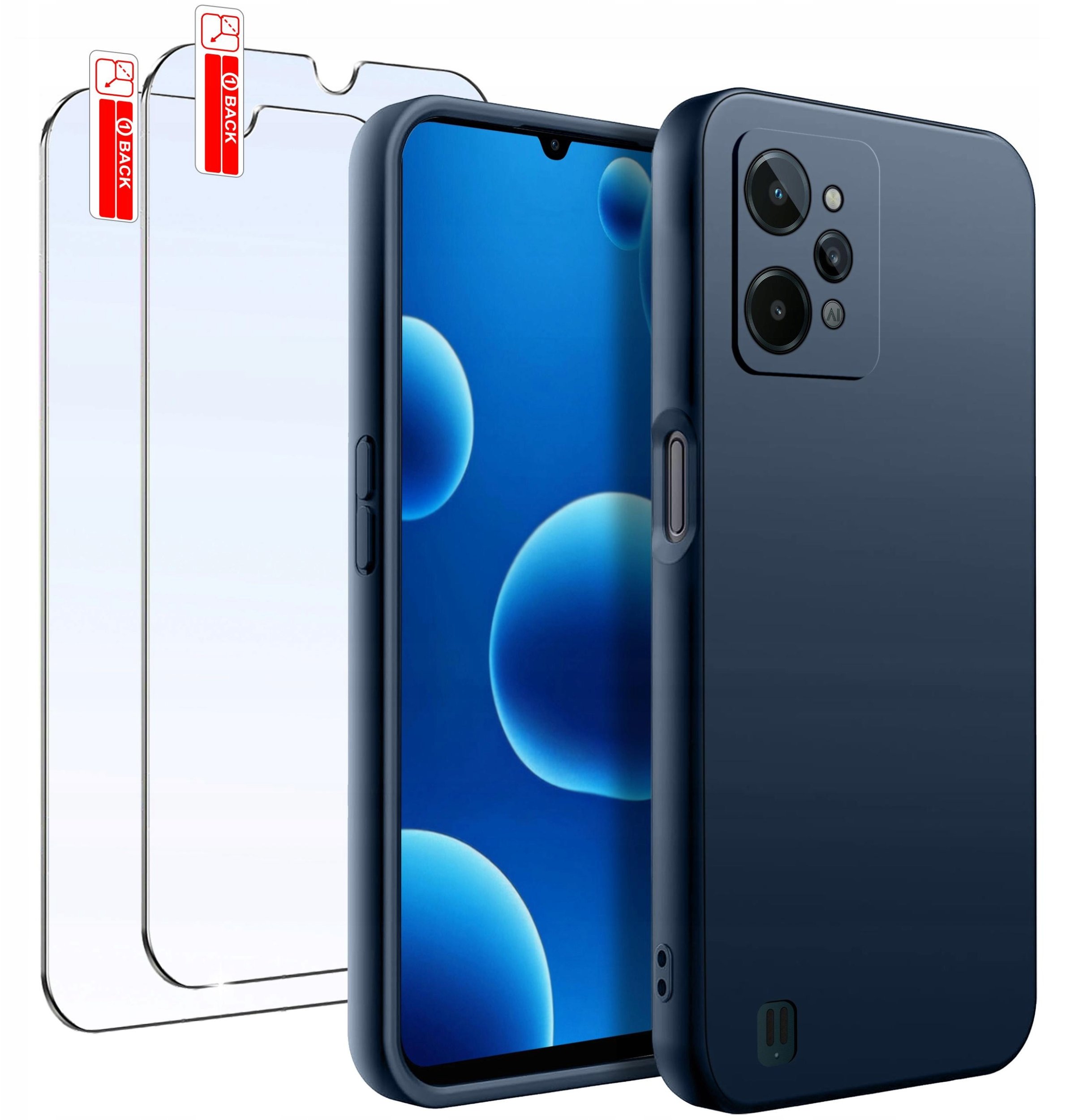 ZESTAW Etui do Realme C31 | Matowe Granatowe Silikon Slim +2 SZTUKI SZKŁO