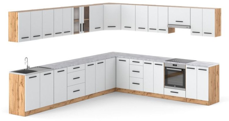 Meble Kuchenne Nowoczesne Narożne Kuchnia Rossa 6.8m Dąb Wotan Biały Mat