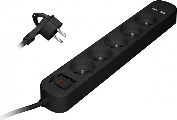 Orno Listwa przeciwprzepięciowa, 5 gniazd 2P+Z, kabel 1,5m, z wyłącznikiem podświetlanym dwutorowym. 10A/230 VAC, Ładowarka 2xUSB 2,1A. Płaska wtyczka