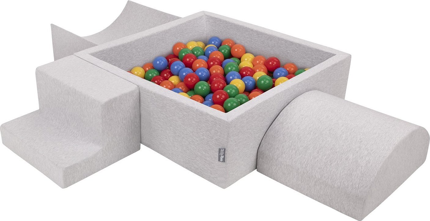 KiddyMoon Piankowy plac zabaw PPZP-KW30D-134 z piłeczkami jasnoszary: żółty-zielony-niebieski-czerwony-pomarańcz basen 300/rampa L/półwałek L/schodek