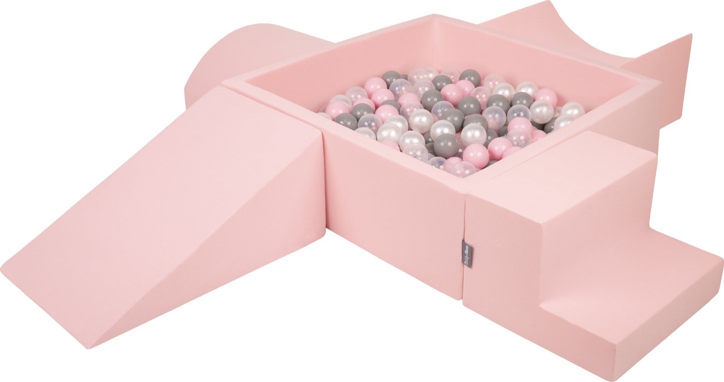 KiddyMoon KiddyMoon Piankowy plac zabaw PPZP-KW30D-115 z piłeczkami różowy: perła-szary-transparent-pudrowy róż basen 200/klin L/rampa L/półwałek L/sc