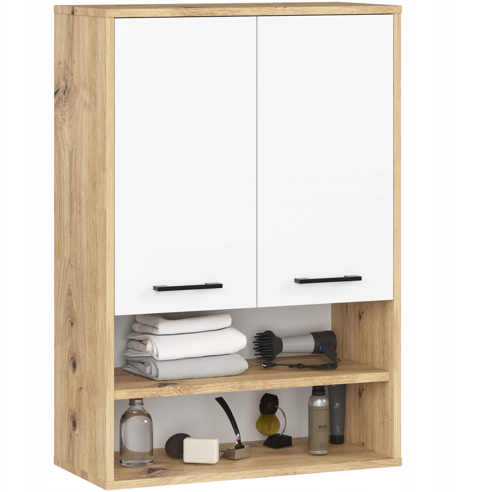 Szafka wisząca łazienkowa FIN 64 cm 2 drzwi 4 półki otwarta - artisan biała