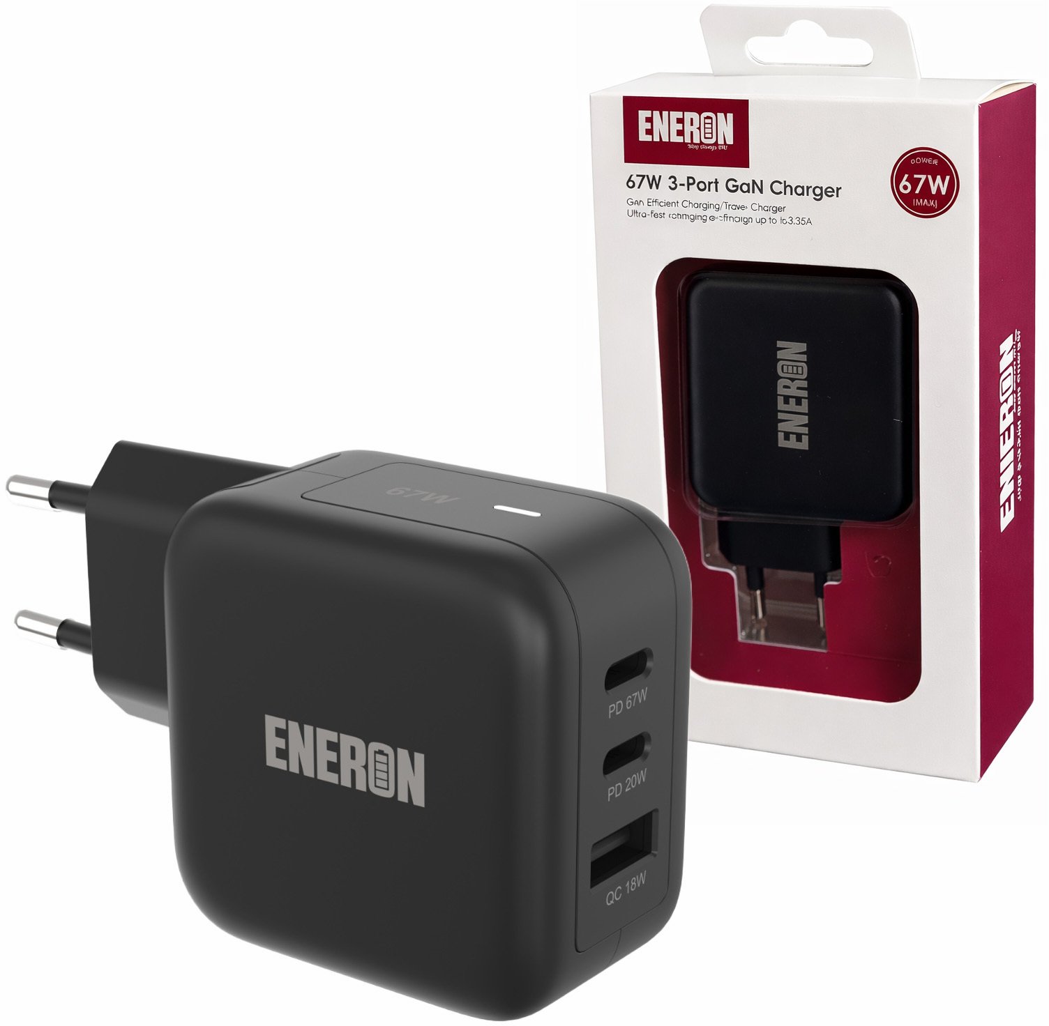 Szybka Ładowarka Sieciowa ENERON GaN 67W SuperFast 2xUSB-C 1xUSB-A PD type-C MOCNA