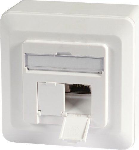 EFB EFB Datendose Cat6a 500MHz WEISS oben unten Aufputz 2xRJ45 RAL9010 Class EA 10Gbit 40Grad Auslass inklusive 6.3mm Erdungsfahne