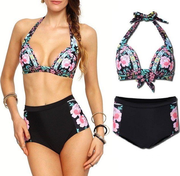 Pan i Pani Gadżet Strój kąpielowy wiązany kwiaty z wysokim stanem M