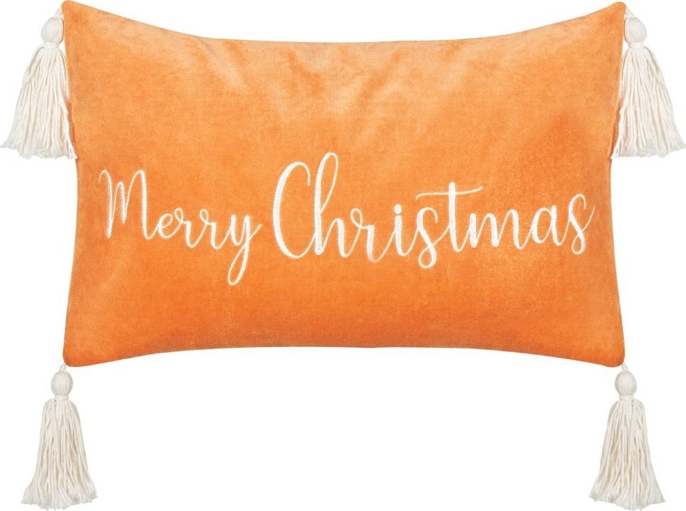 Beliani Poduszka z frędzlami motyw świąteczny welurowa 30 x 50 cm pomarańczowa LITHOPS