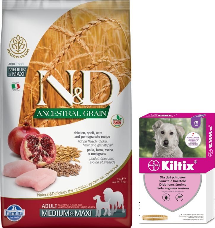 Farmina Farmina N&D Ancestral Grain canine CHICKEN & POMEGRANATE ADULT MEDIUM&MAXI 12kg + BAYER Kiltix Obroża dla psów dużych dł, 70cm