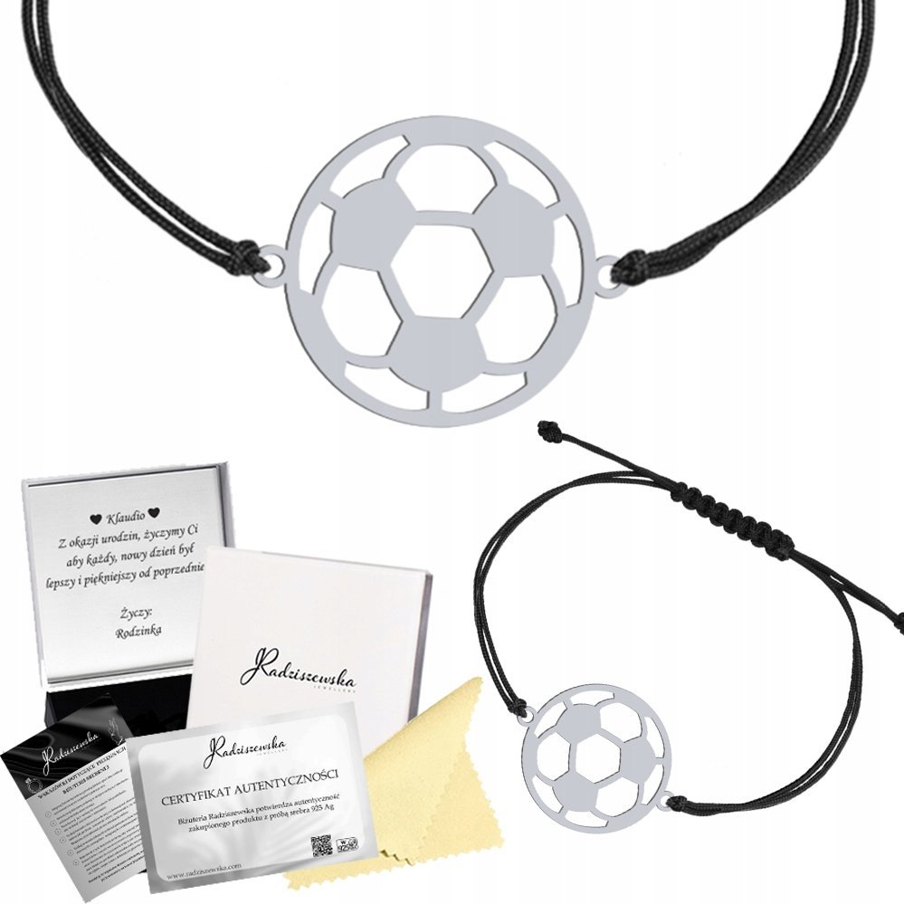 Radziszewska Jewellery Bransoletka Srebrna Piłka Nożna Sznurek Srebro 925 Prezent ŻYCZENIA GRATIS