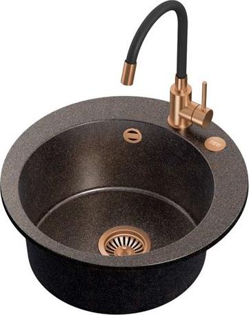 Zlewozmywak Steiner ART JAMES 210 (Ø51x20) Steingran Art Copper Black Pearl z syfonem manualnym, baterią Maggie PVD miedź i zaślepką - czarny opalizac