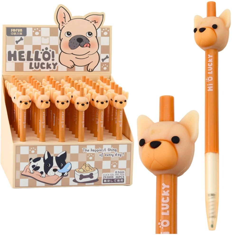 Długopis Żelowy Z Pieskiem Mops Niebieski Tusz Beżowy 0,5mm