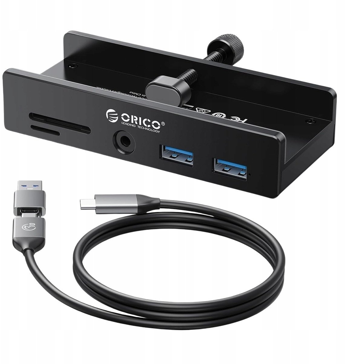 Orico Hub USB-C 5Gbps aktywny, przykręcany, 2x USB-A, czytnik SD, minijack 3,5 mm, czarny