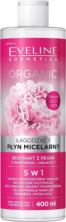 Eveline Organic Peony łagodzący płyn micelarny 5w1 do cery wrażliwej i nadwrażliwej Ekstrakt z Peonii 400ml