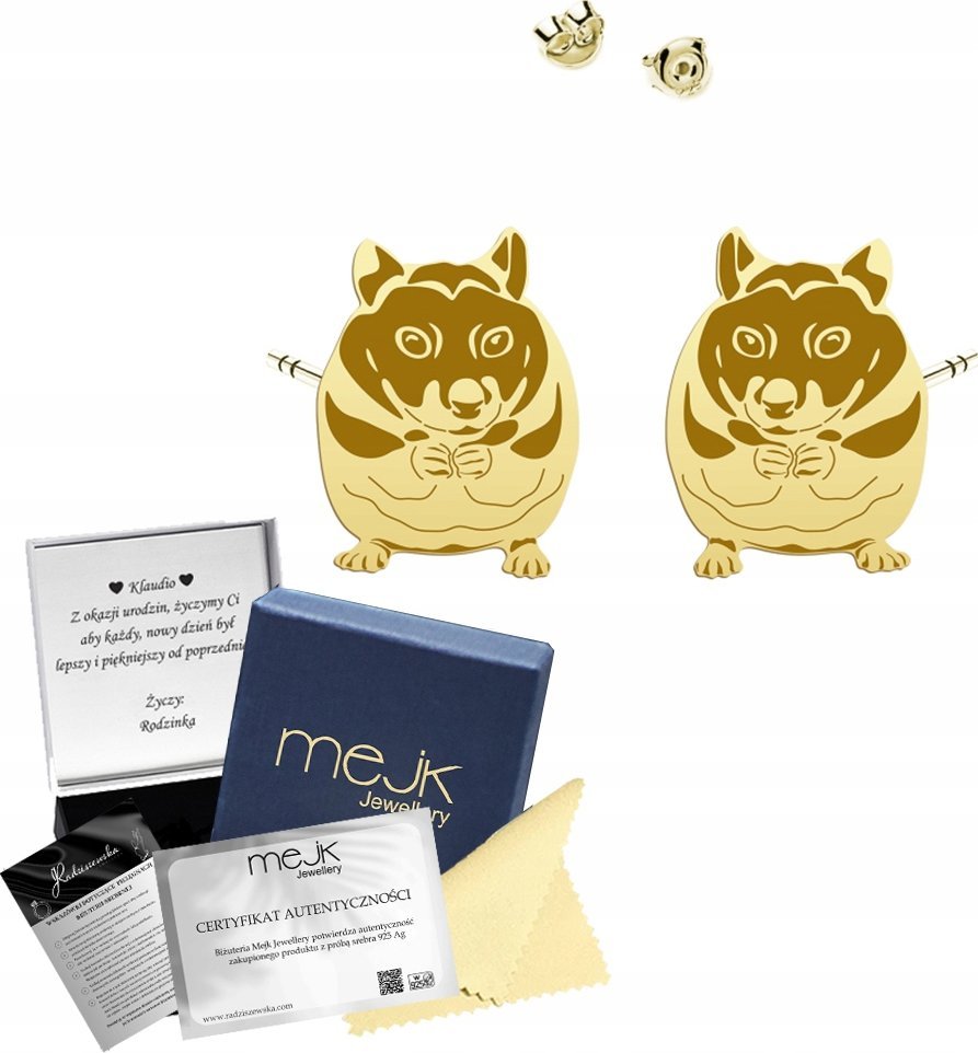 Radziszewska Jewellery Kolczyki Złote CHOMIK Sztyfty SREBRO 925 Biżuteria Prezent ŻYCZENIA GRATIS