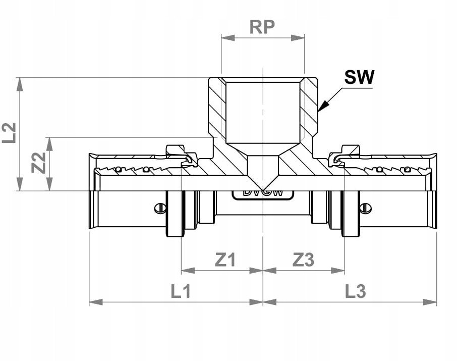 PEX Trójnik 20 x 1/2 x 20 gwint wewnętrzny GW zaciskowy Radopress Pipelife