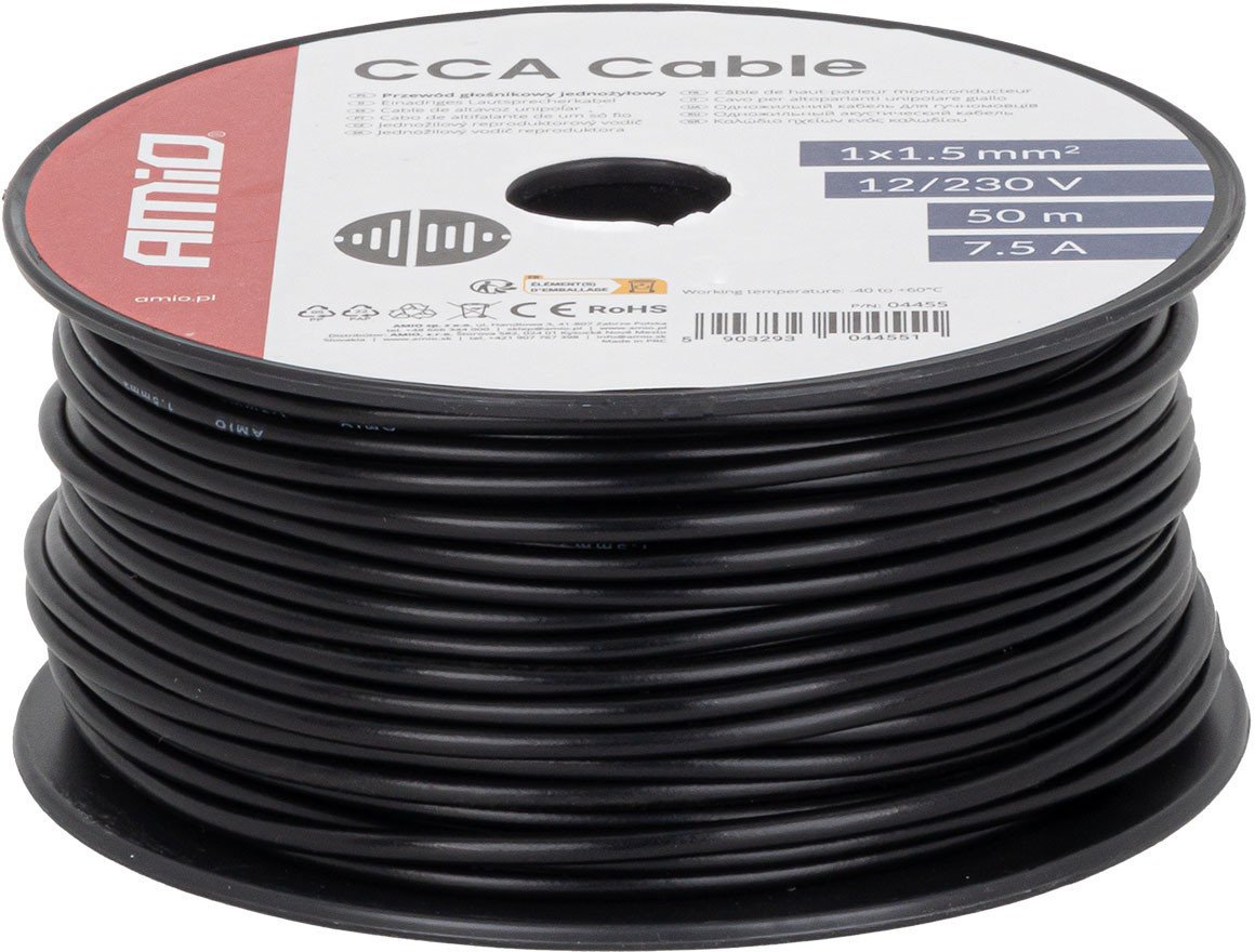Przewód jednożyłowy czarny cca 1x1.5mm2 50m 7.5a 12/230v amio-04455